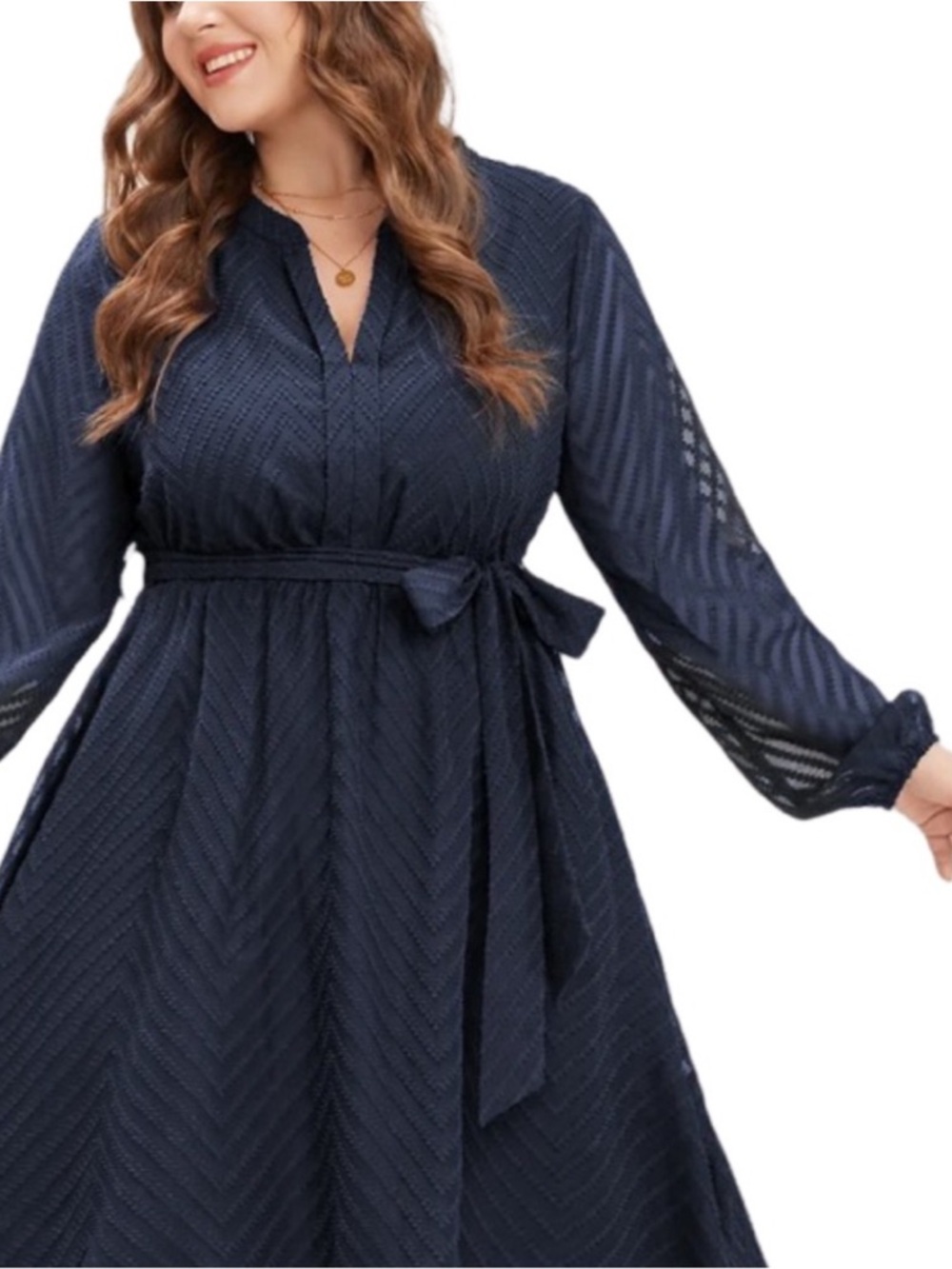 BloomChic Navy Long Sleeve Midi Dress with Tie Waist - Picture 2 of 3